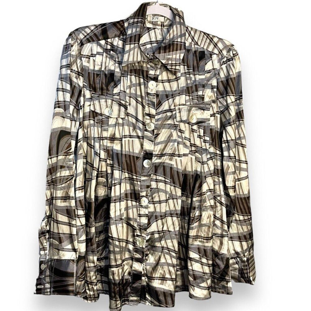 Joy Button Up Satin Blouse Women's Medium 40 Multicolored Geometric Academia Top